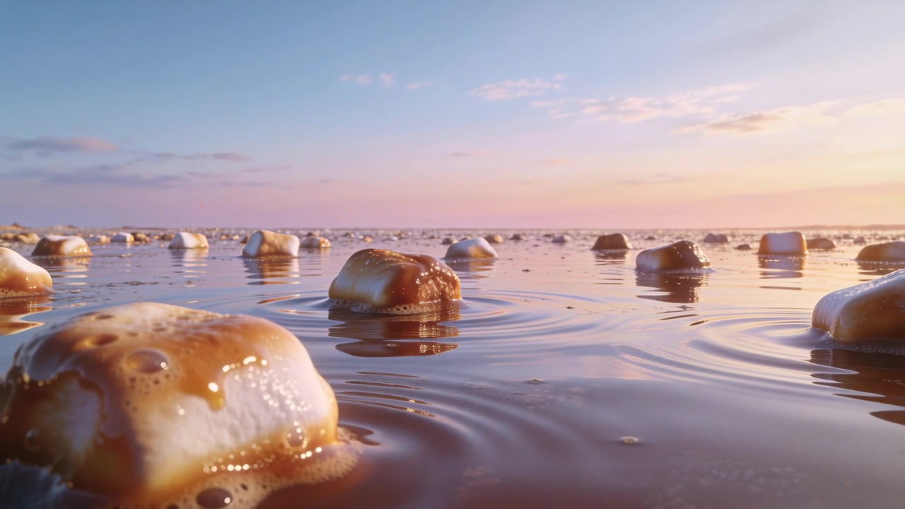 Bobbing low-angle caramel marshmallow sending ripples across chocolate with smaller pieces receding