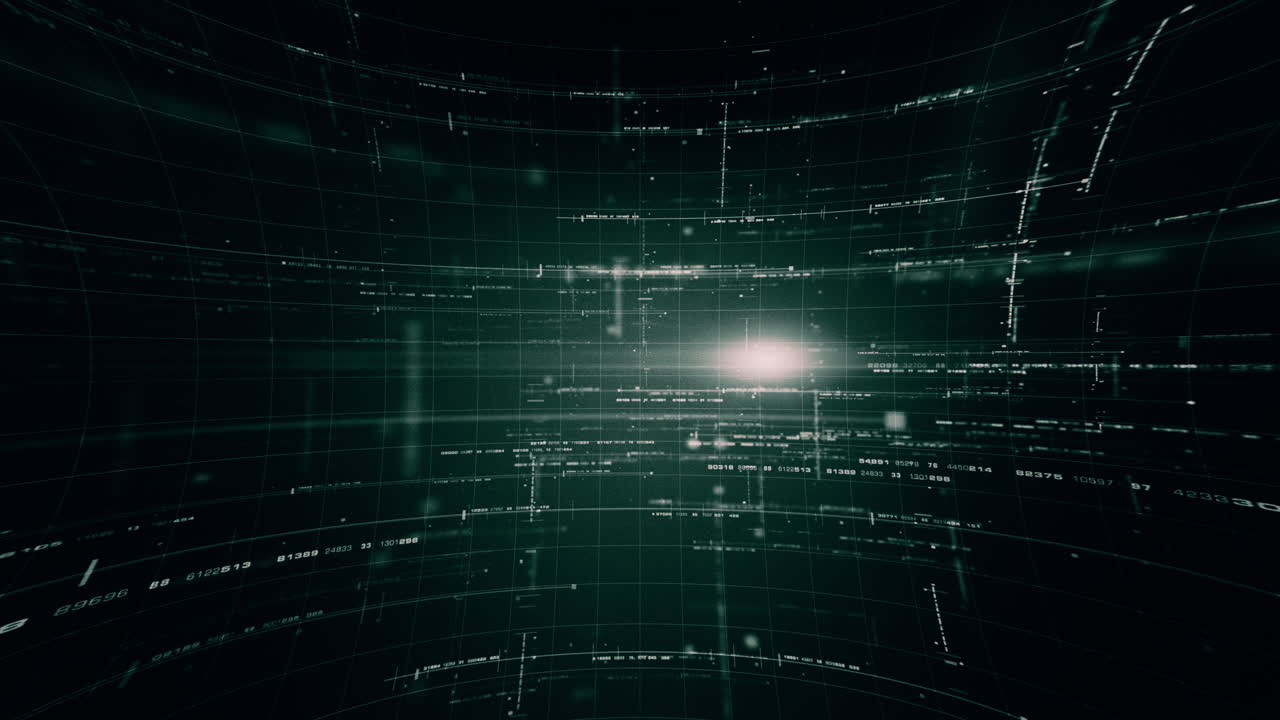 Futuristic abstract de-focus Metaverse data matrix, meta, telemetry and encrypt numbers display with particles simulation in cyber space environment for HUD loop background