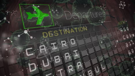 tablero de información del aeropuerto contra las células y estructuras moleculares flotantes de la covid-19