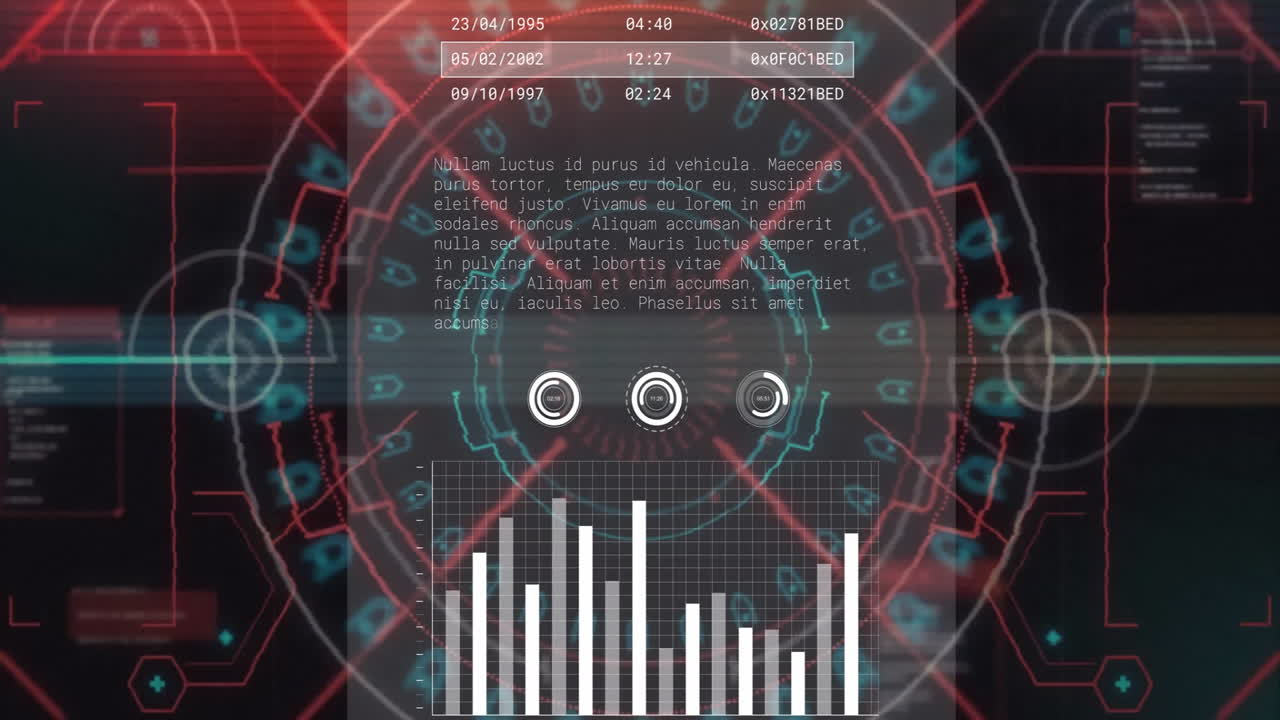 Animation of statistics and digital data processing on dark background
