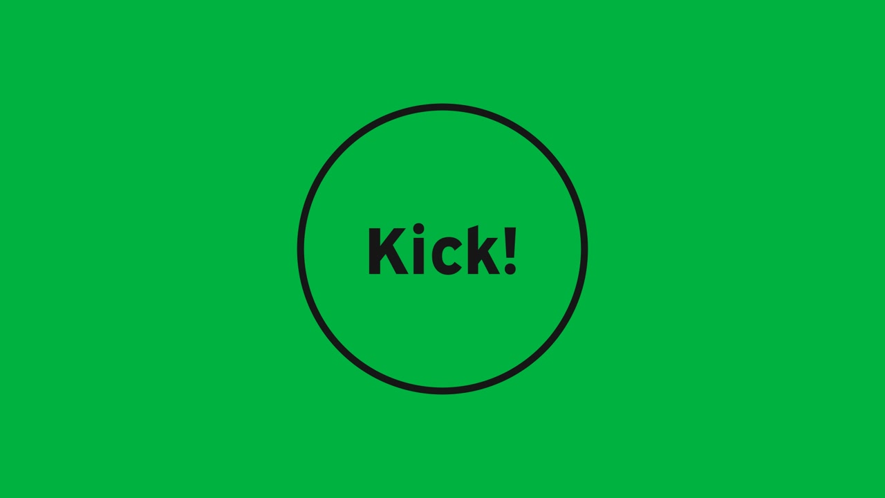 Animation af teksten 'kick' med sorte bogstaver i en cirkel på hvid baggrund.