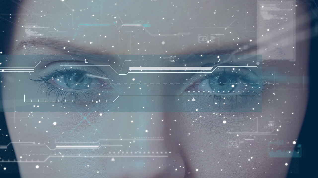 animazione di macchie bianche e elaborazione dei dati sugli occhi di una donna caucasica