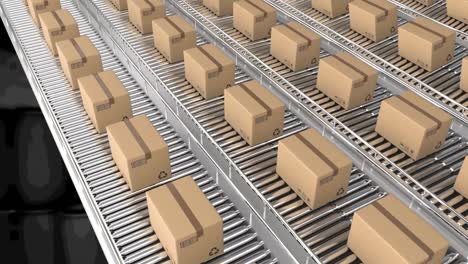 animation of cardboard boxes moving on conveyor belts over warehouse