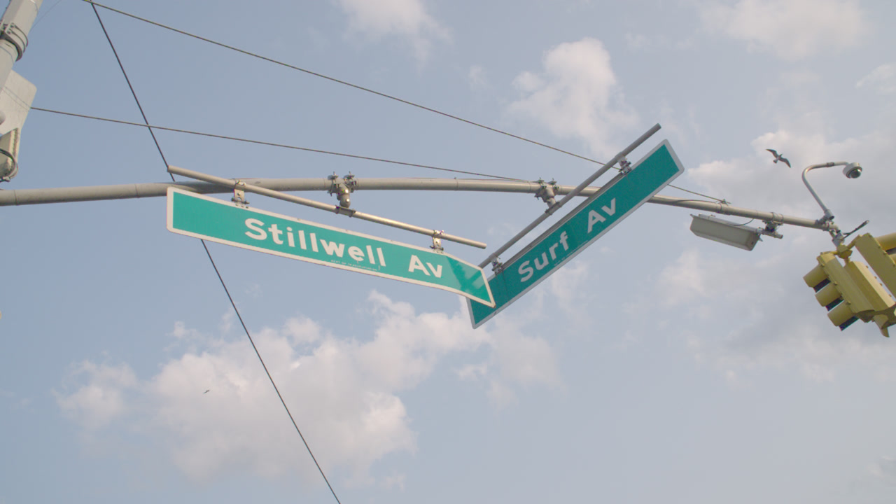 Coney Island street signs on a summer day. Shot in Brooklyn, New York City