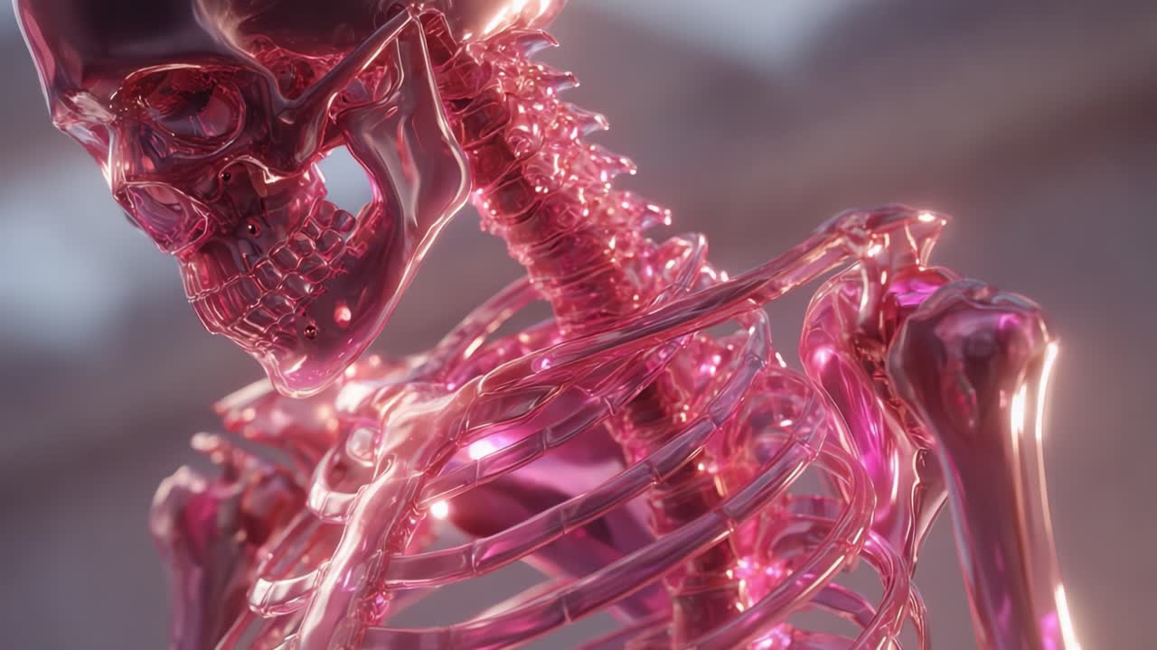 A Captivating Study of a Transparent Anatomical Skeleton in Pink Glass, Showcasing Its Intricate Structure and the Play of Light on the Surface