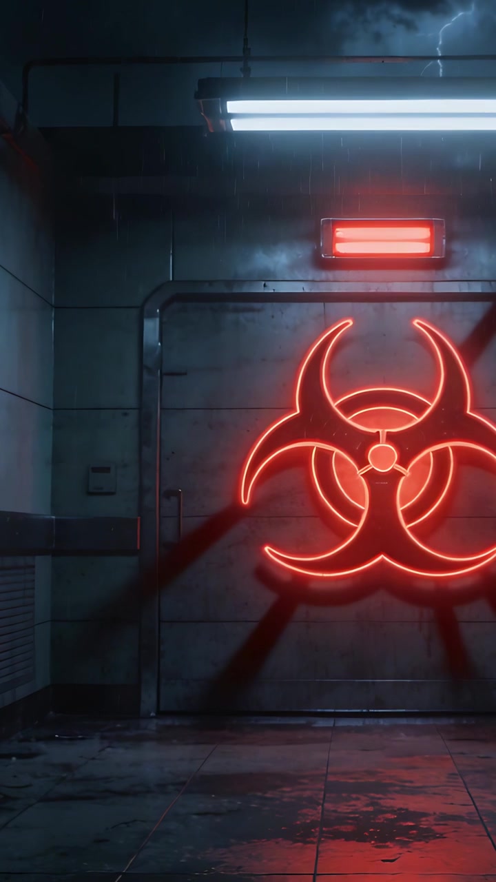 Vertical video: Pulsing red biohazard neon on door in lab, lightning flashing, reflecting on floor