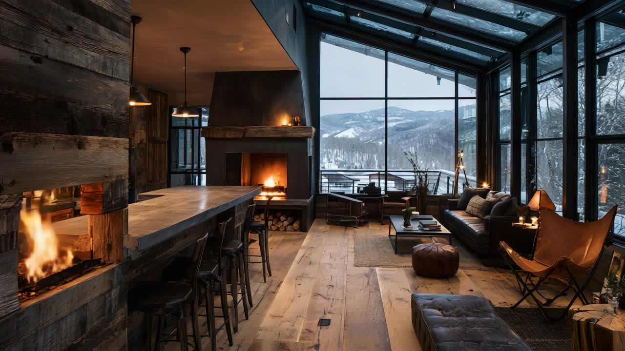 Serene Winter Retreat: A Cozy Cabin Interior Featuring Modern Rustic Design, Warm Lighting, and Expansive Windows Overlooking Snow-Covered Mountains, Perfect for Relaxation and Tranquility