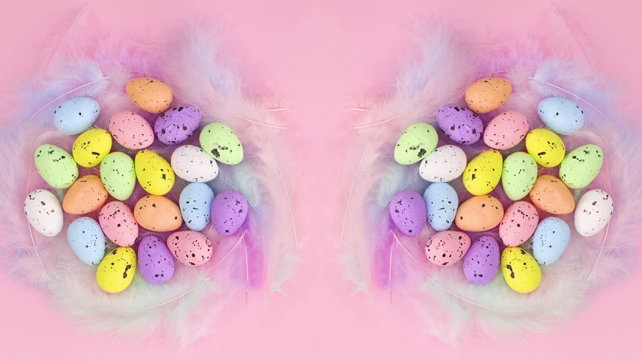 nidos con plumas y huevos de pascua en tema rosa. detener el movimiento