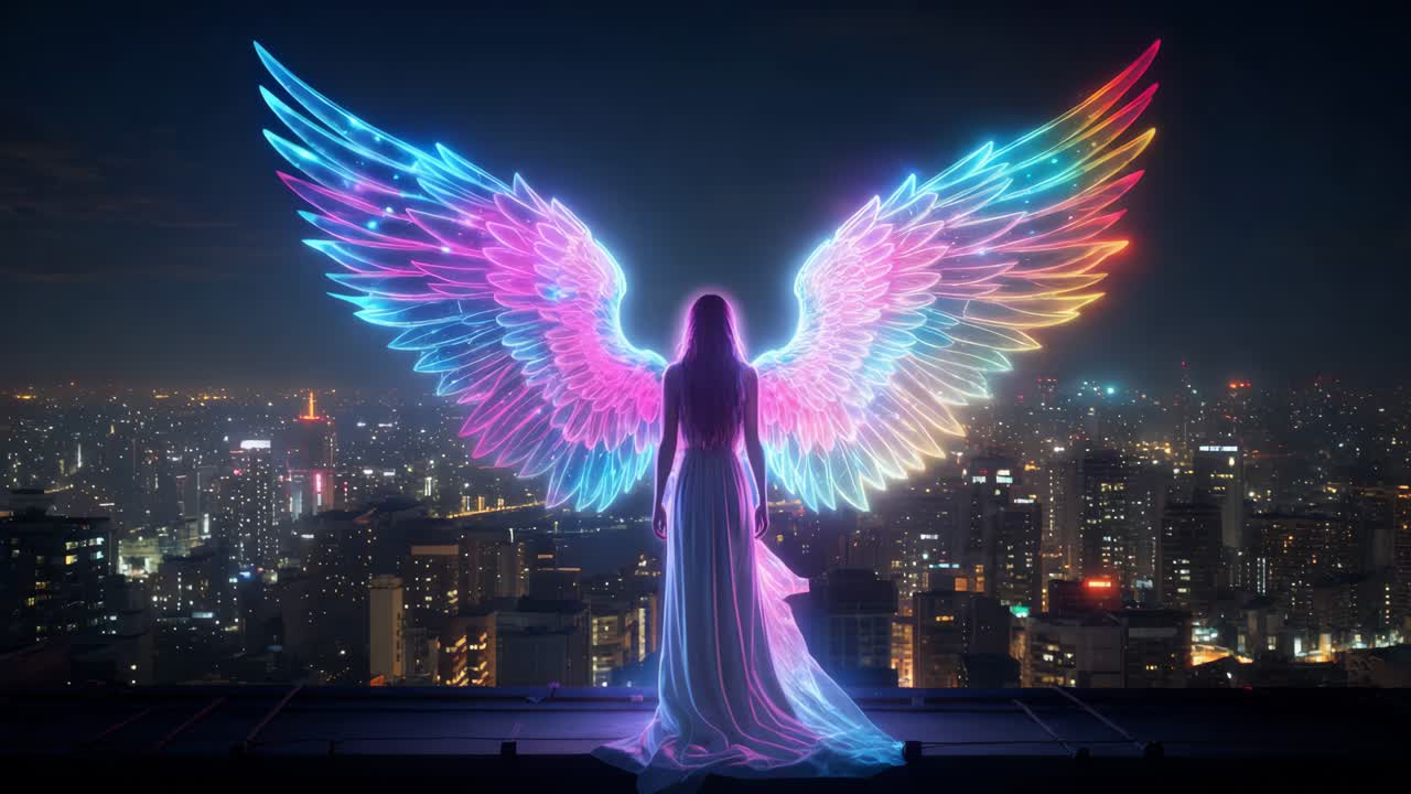 ángel con alas brillantes sobre una ciudad por la noche