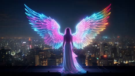 angel with glowing wings over a city at night