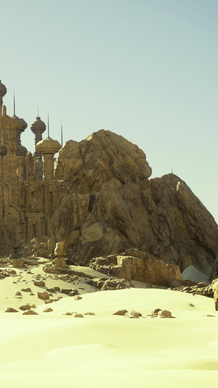 Desert landscape with ancient building and large rock formation in sunlight