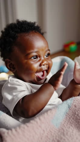 close-up of a happy and joyful baby laughing and smiling