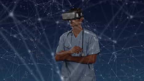 animación de una red de conexiones con puntos brillantes sobre un médico caucásico que usa auriculares vr