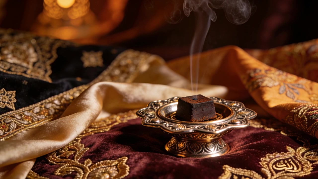 Smoldering charcoal cube sending smoke over ornate burner on silk drapes, creating calm mood