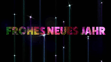 Animation-Of-Frohes-Neues-Jahr-Text-And-Glowing-Lights-On-Black-Background