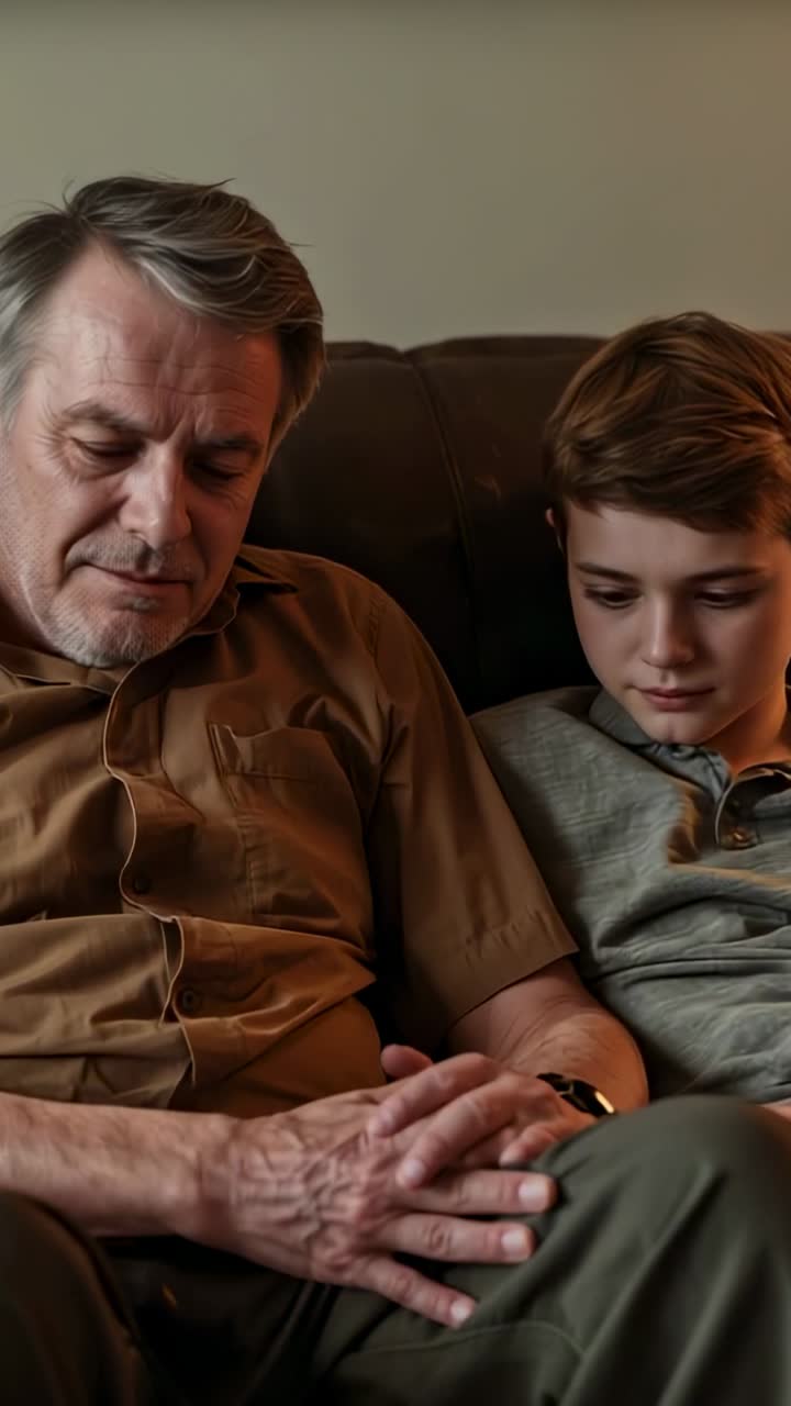 Vídeo vertical: persona mayor y adolescente sentados en un sofá compartiendo un momento tranquilo, moviendo las manos, con reloj