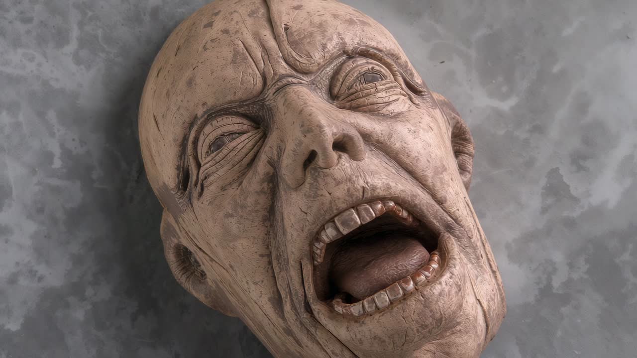 Camera filming sculpted senior male head in studio with light shifting, showing teeth and tongue