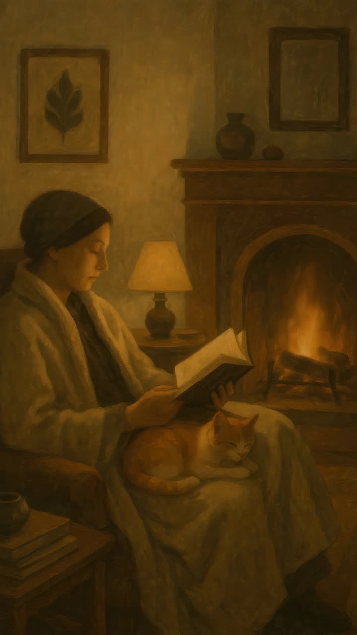 Cozy video concept of a woman reading by the fireplace, captured from a side angle