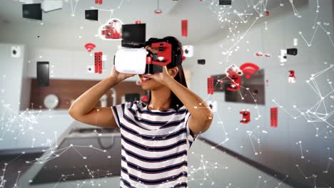 mujer usando auriculares de realidad virtual con iconos generados digitalmente 4k