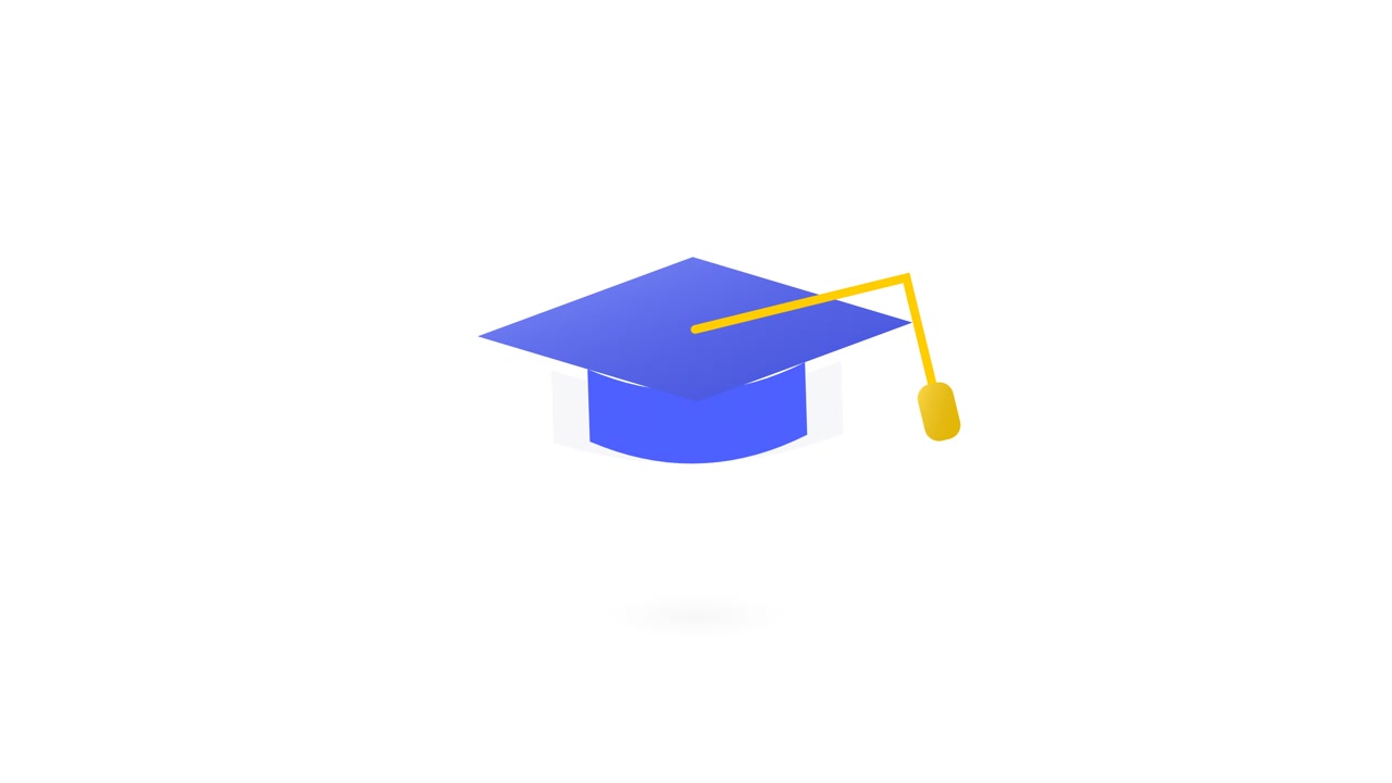 Tocco di laurea blu animato che fluttua su sfondo bianco