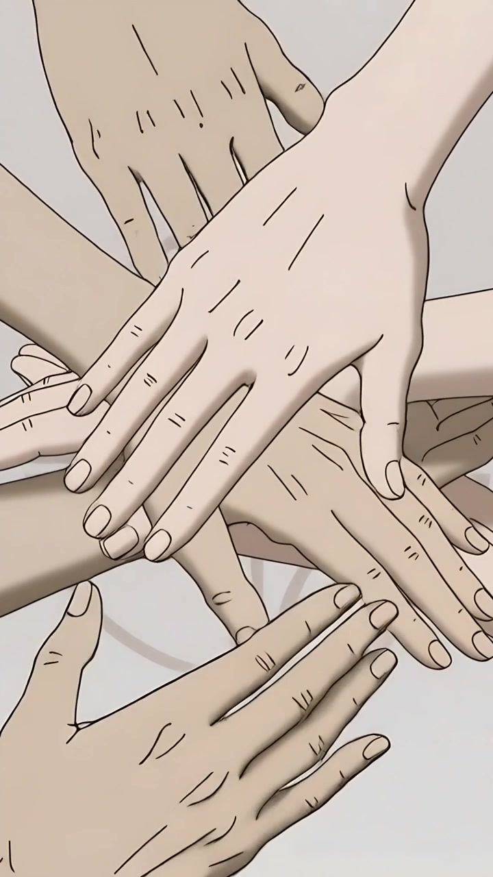 Vertical video: Stacking adult hands from edges into center on pale panel, over emblem for unity