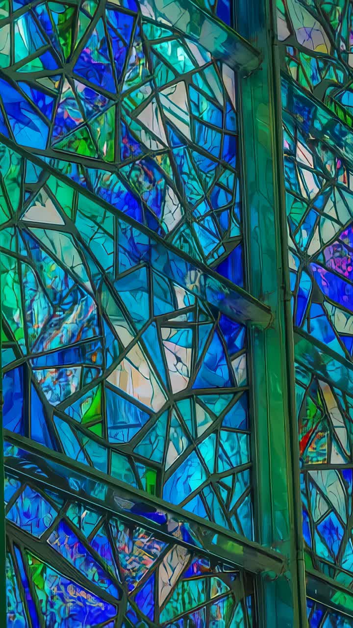 Vertical video: Shifting camera revealing stained glass panel in wall, showing color and lead cames