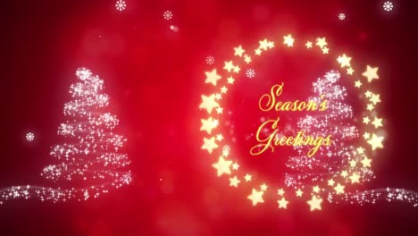 Animation-of-seasons-greetings-text-over-fairy-lights-and-shooting-star-forming-a-christmas-tree