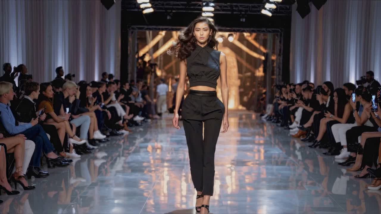 A model walks down a glossy runway in a fashion show video. Captured from a low-angle, the scene