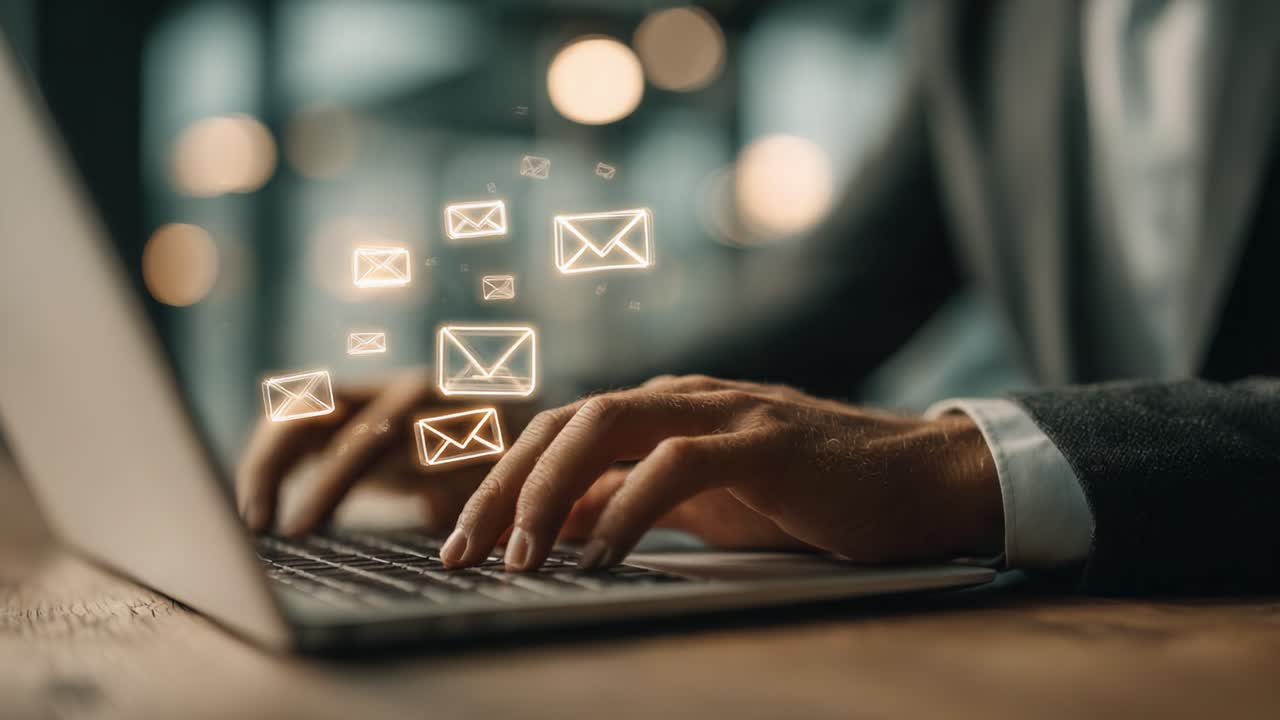 A Professional Handling Email Communications on a Laptop, with Digital Mail Icons Representing Correspondence Floating Above the Keyboard for Enhanced Connectivity and Productivity