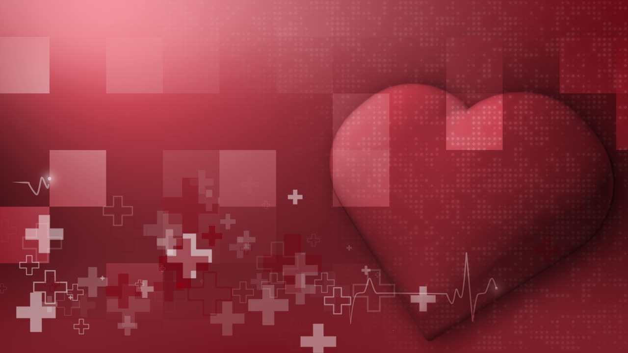 Animation red 3D heart. Medical abstract background with healthcare symbols. Cardiogram of the heart. Flickering pixels and geometric shapes. Looped seamless.