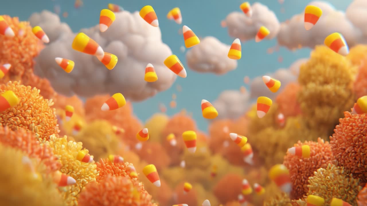 A Whimsical Autumn Scene Filled with Floating Candy Corn Among Colorful Trees and Soft Clouds, Creating a Dreamlike Atmosphere Perfect for Embracing Seasonal Charm