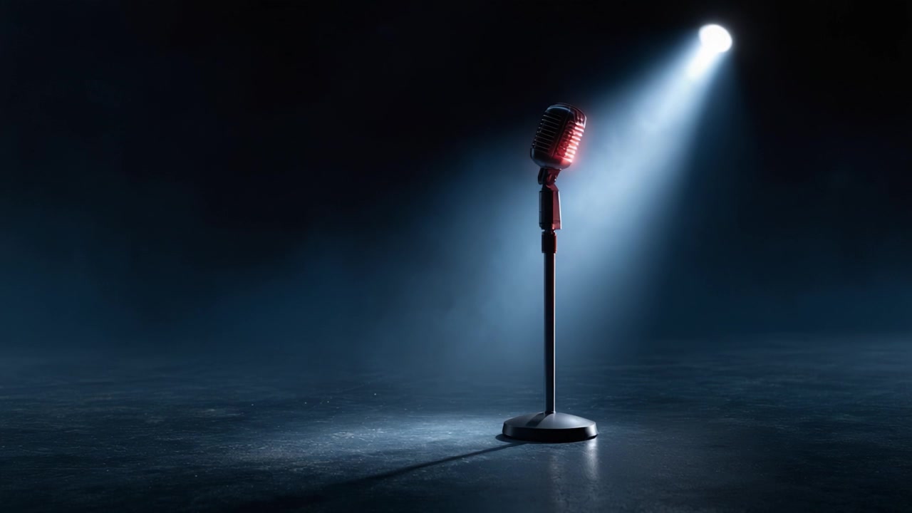 Ein klassisches Mikrofon steht im Scheinwerferlicht auf einer dunklen Bühne und evoziert die Essenz von Live-Performance und künstlerischem Ausdruck in intimer Atmosphäre