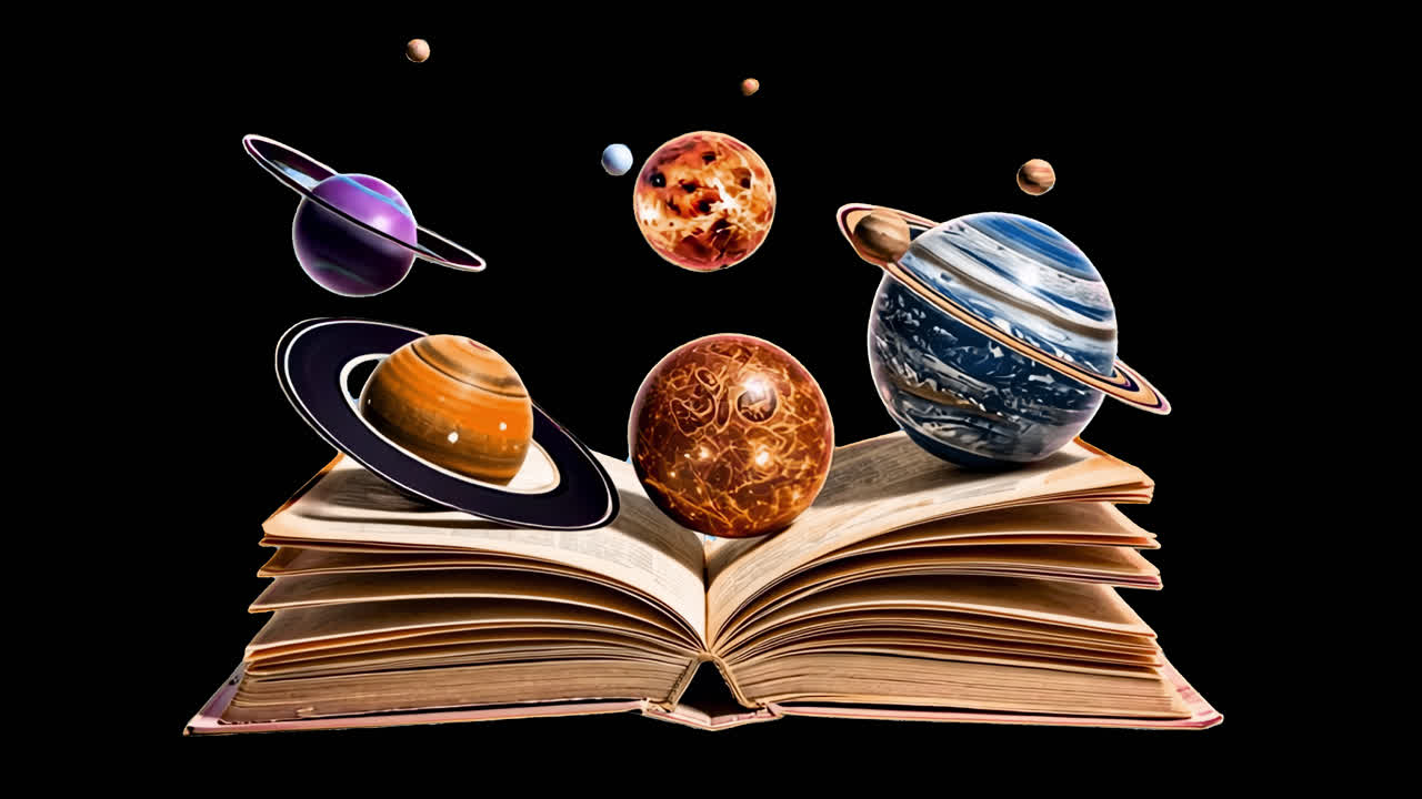 Open book with floating planets animation isolated asset, transparent 4K video, alpha channel