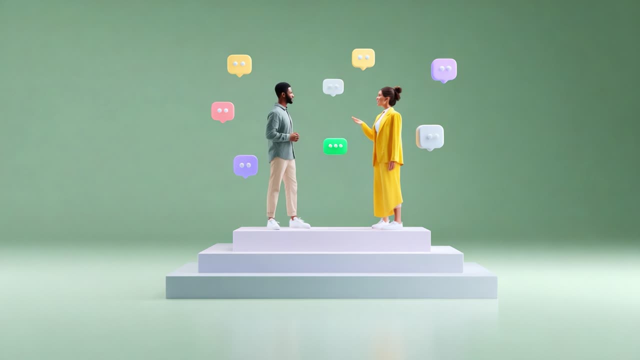 A Dynamic Exchange: Two Individuals Engaging in Conversation Amidst Colorful Speech Bubbles, Illustrating Effective Communication and Interaction in a Contemporary Setting