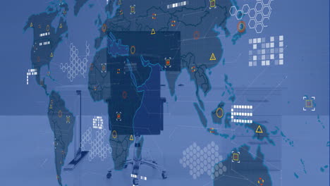 Animation-of-financial-data-processing-and-world-map-over-office-with-computer-on-desk