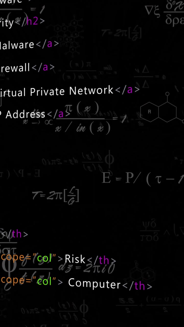 Animation of computer code, chemical formulas, and math equations on dark background