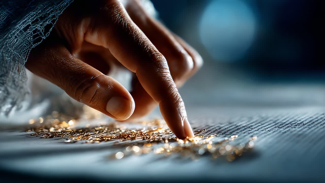 A Close-Up Scene of a Delicate Hand Gently Touching Sparkling Particles on a Page, Highlighting the Intricate Details and Inviting Wonder at the Textured Surface Beneath