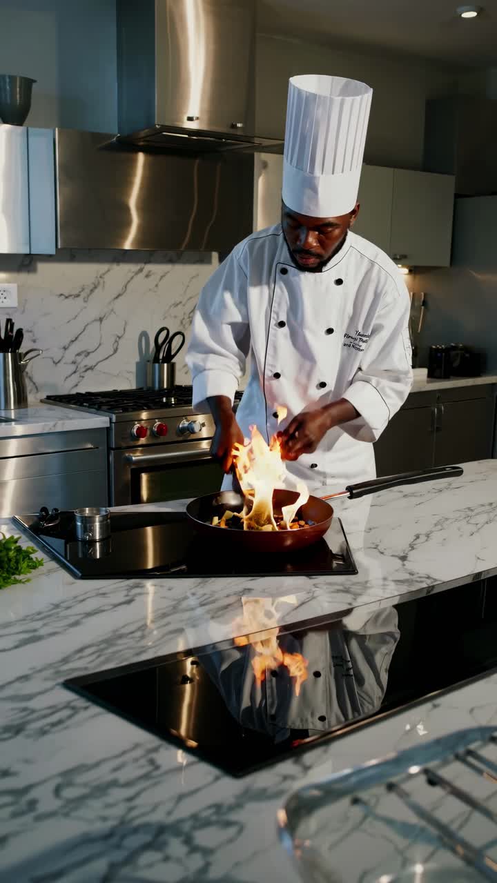A chef in a modern kitchen, captured from a low angle, flambéing a dish