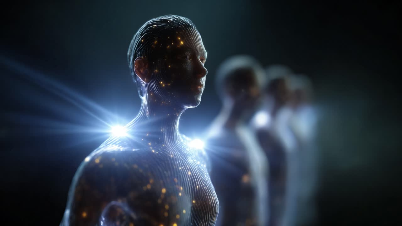 Figure illuminate in un ambiente oscuro: una sbalorditiva rappresentazione visiva di esseri eterei che brillano con luci cosmiche e texture digitali in un'esposizione surreale.