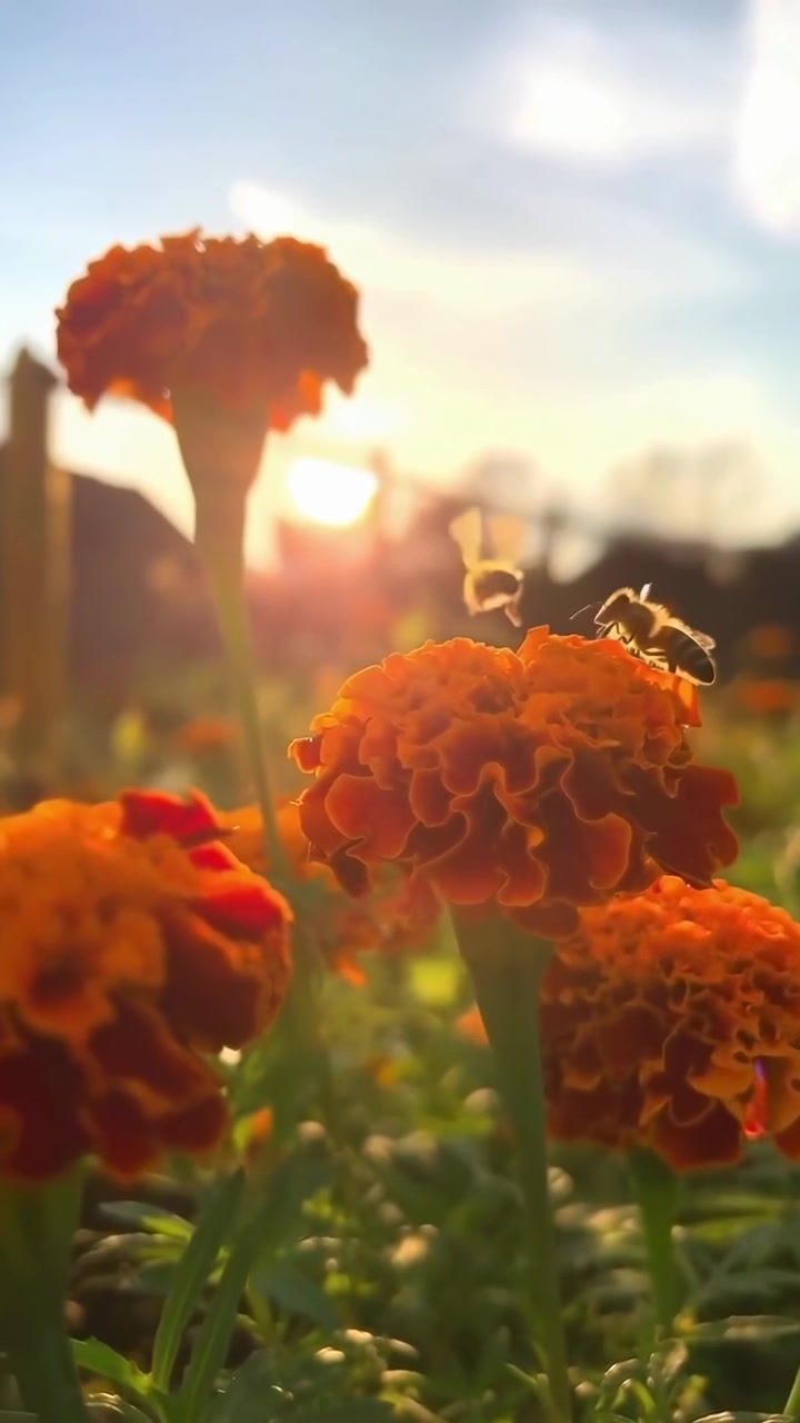 Primo piano di un'ape su un fiore di calendula con la luce dorata del tramonto