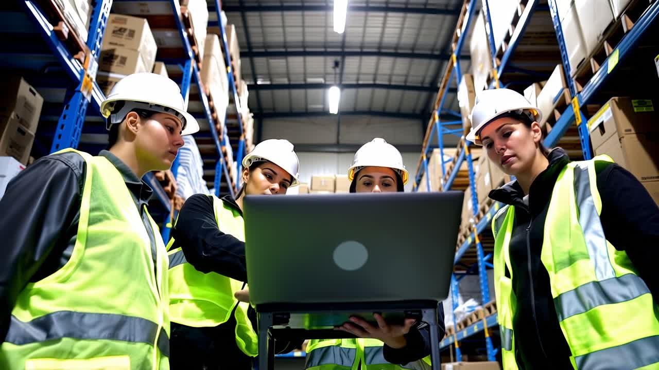 Warehouse Team Discussing Inventory on Laptop