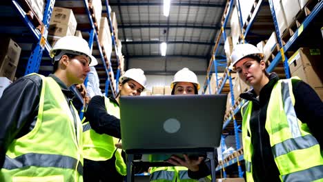 warehouse team discussing inventory on laptop