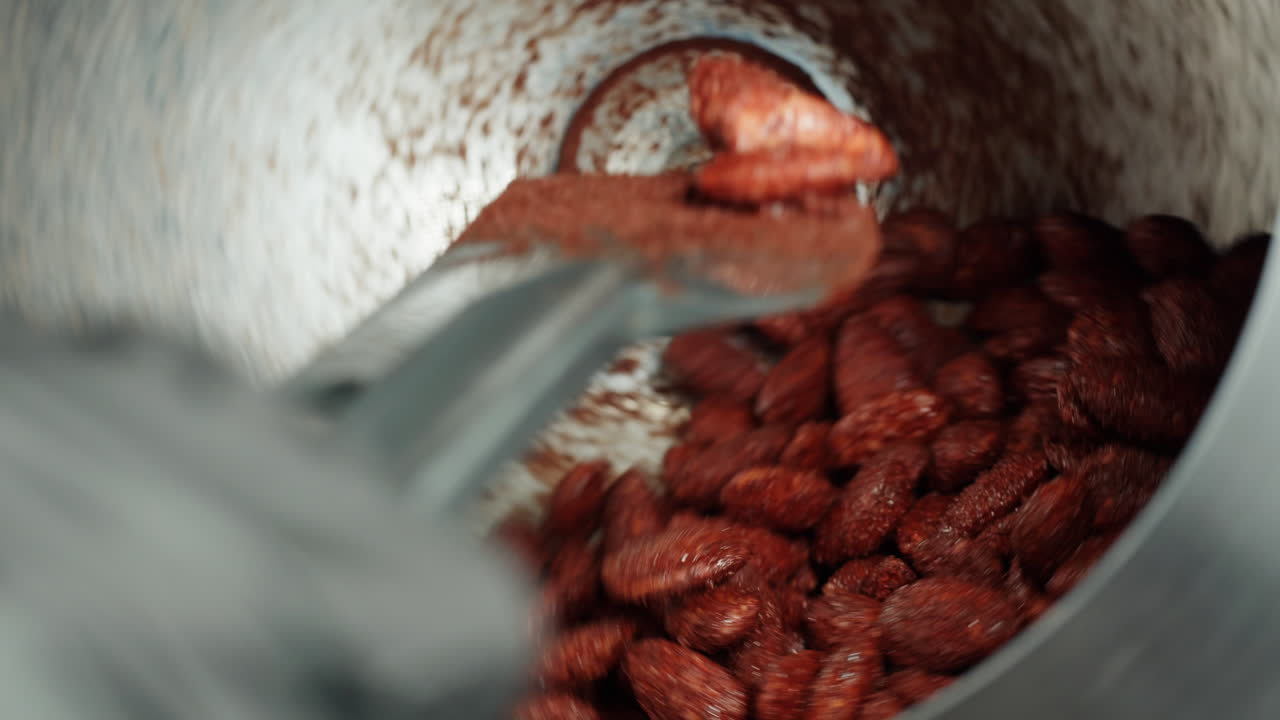 Almonds being processed in a machine