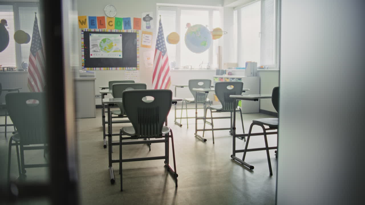 American Elementary School Interior of Empty Classroom with Desks for Students