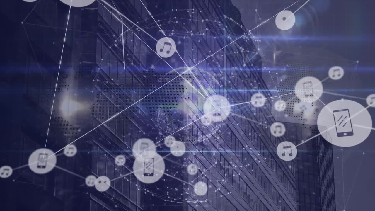 Animation of network of connections and globe over cityscape