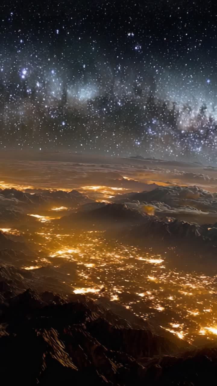 Pemandangan Megah Bumi di Malam Hari: Langit Bertabur Bintang di Atas Pegunungan yang Diterangi Cahaya Kota, Terekam dalam Perspektif Kosmik yang Menakjubkan