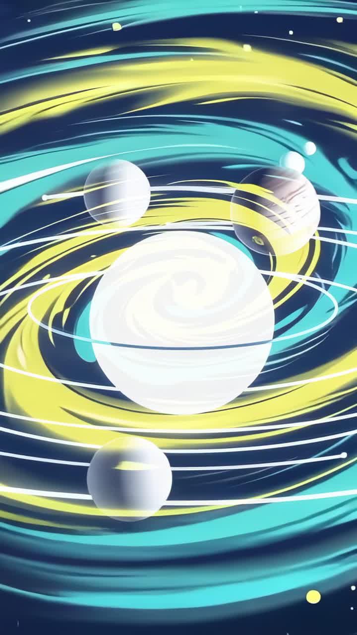 Vertical video: Opening void showing glowing sphere with swirling trails and orbiting satellites