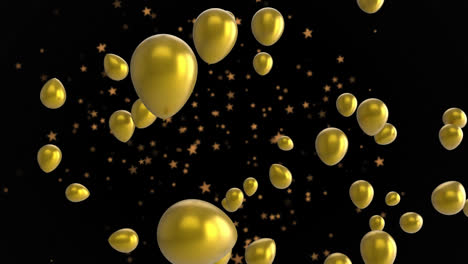 animación de globos dorados y estrellas flotando sobre un fondo negro