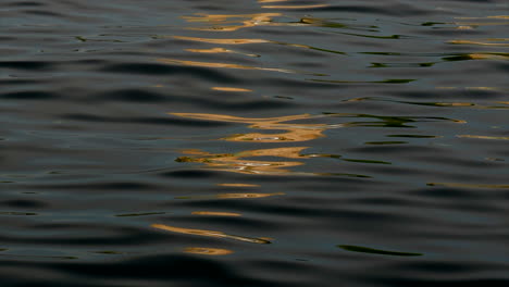 orange and yellow lights reflect smooth rippling dark water