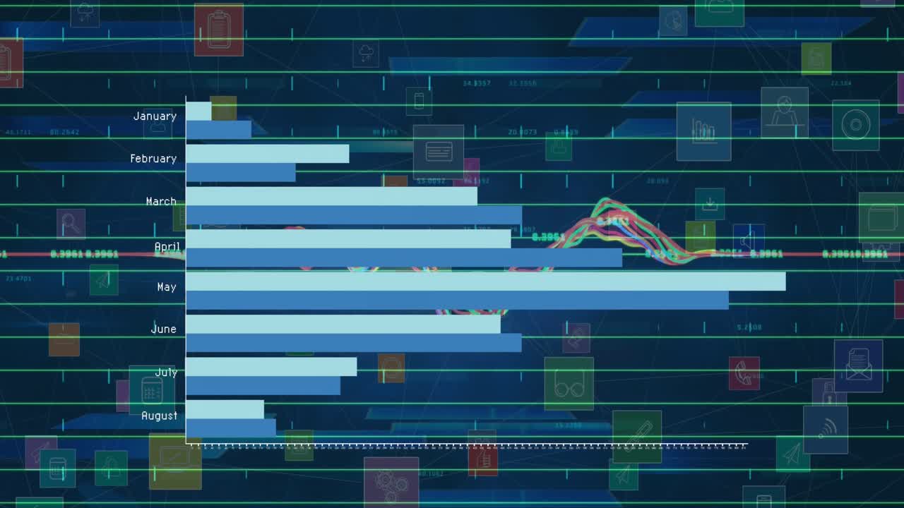 파란색 배경 위의 데이터 처리 및 미디어 아이콘의 애니메이션